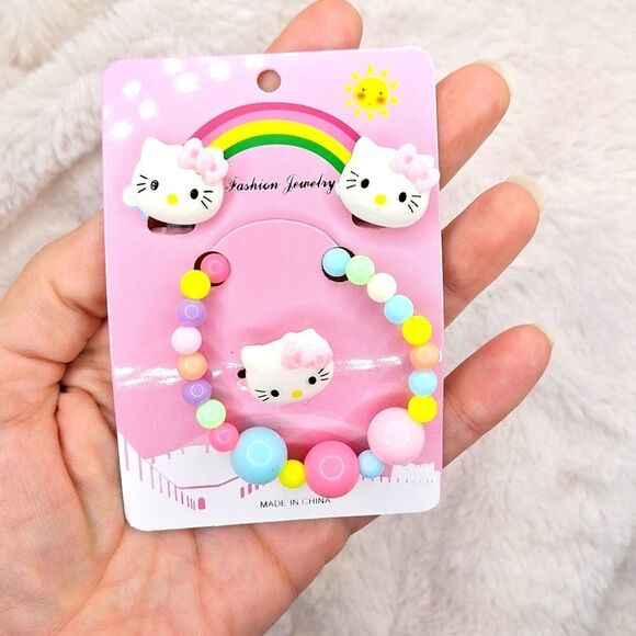 Hello kitty little girl jewelry bundle bracelet clip on earrings ring set - Picture 2 of 7